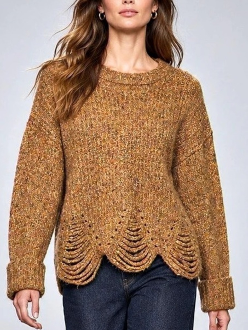 Boho Marled Scalloped Hem Sweater Brown Rust Wool Blend M